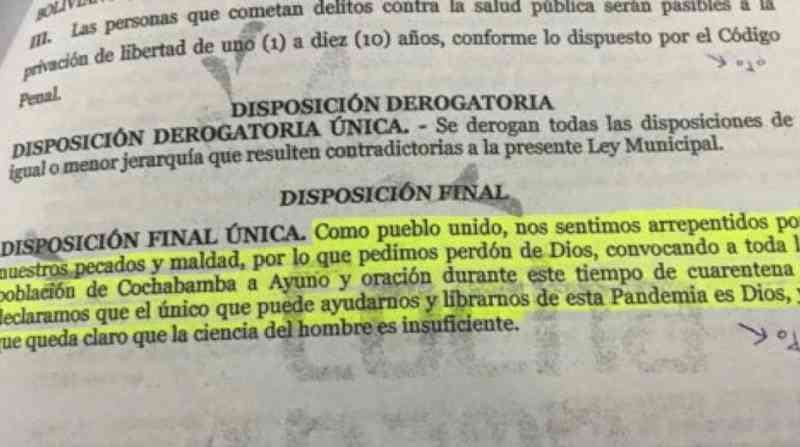 Proyecto de ley municipal pide a cochabambinos arrepentirse por sus pecados y ayuno ante coronavirus 