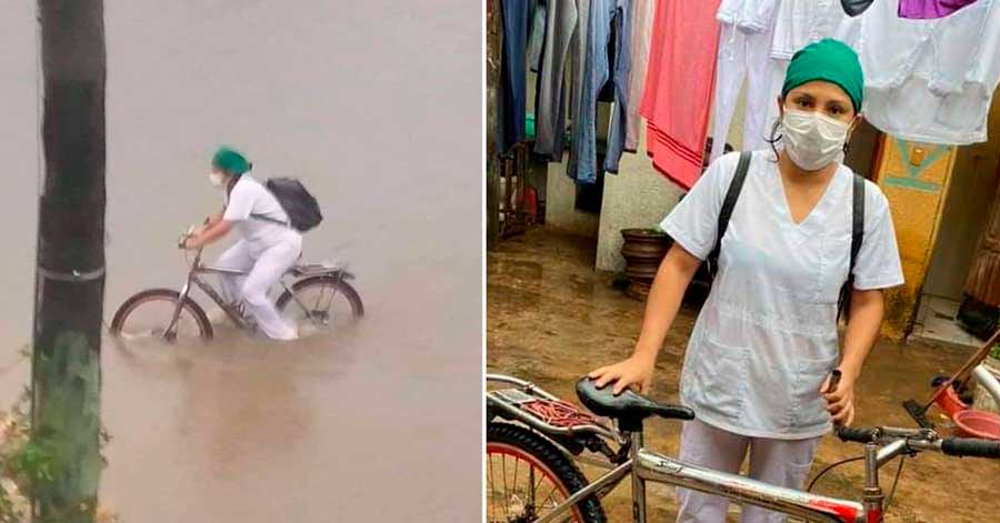 Enfermera en ‘bici’ y bajo la lluvia, símbolo del esfuerzo contra el coronavirus